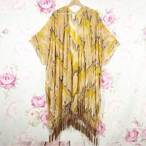 NEW Free People Dripping Velvet Yellow Combo Boho Open Front Fringe Kimono OS